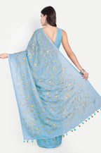 SKY BLUE EMBROIDERED LINEN SAREE - Embroidery