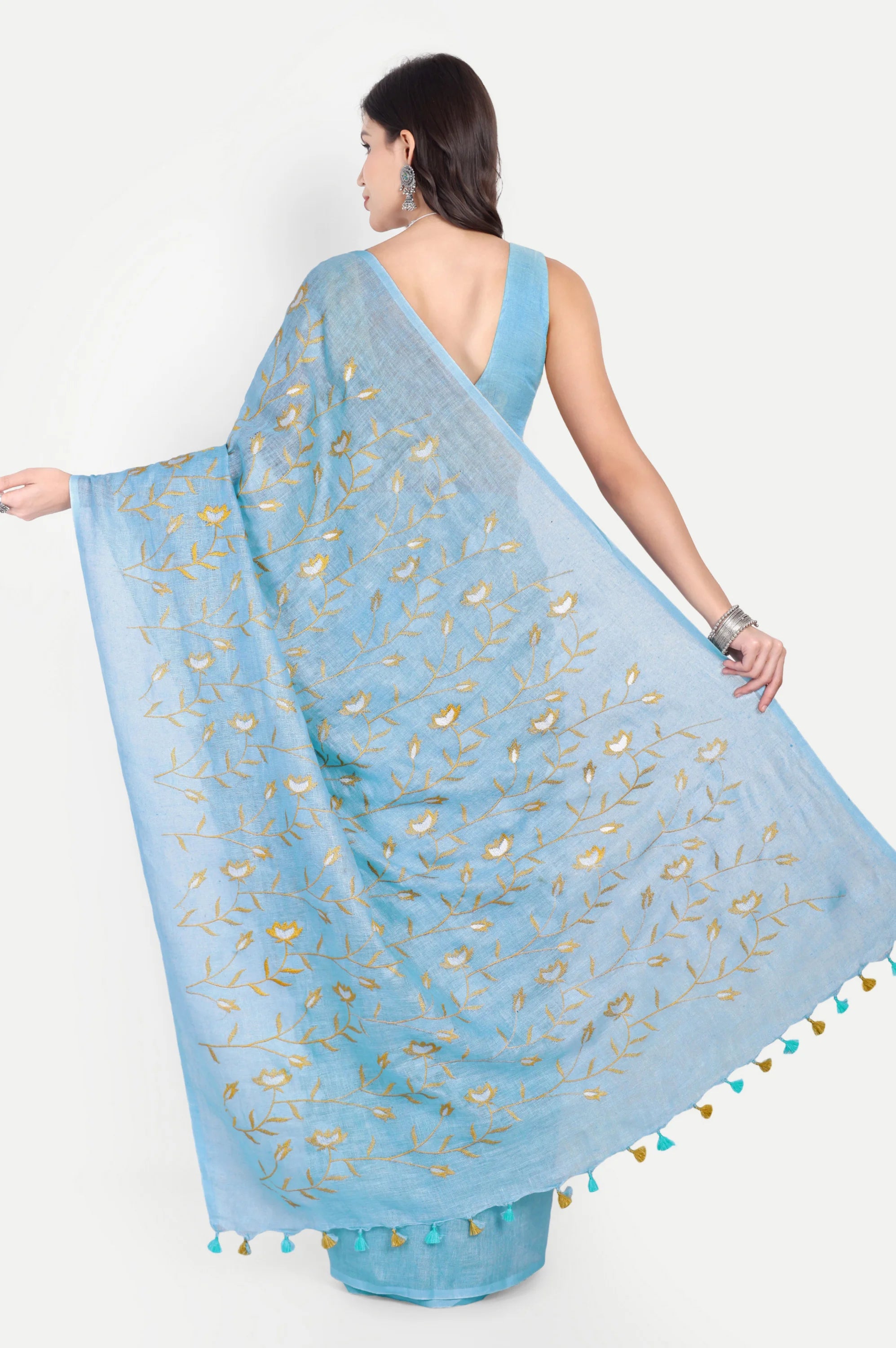 SKY BLUE EMBROIDERED LINEN SAREE - Embroidery