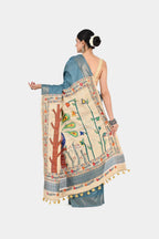 TEAL BLUE ERI SILK SAREE - Hand - Painted
