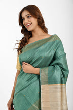 TEAL DUPION SILK SAREE WITH BEIGE PALLU - Hand - woven