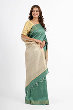 TEAL DUPION SILK SAREE WITH BEIGE PALLU - Hand - woven