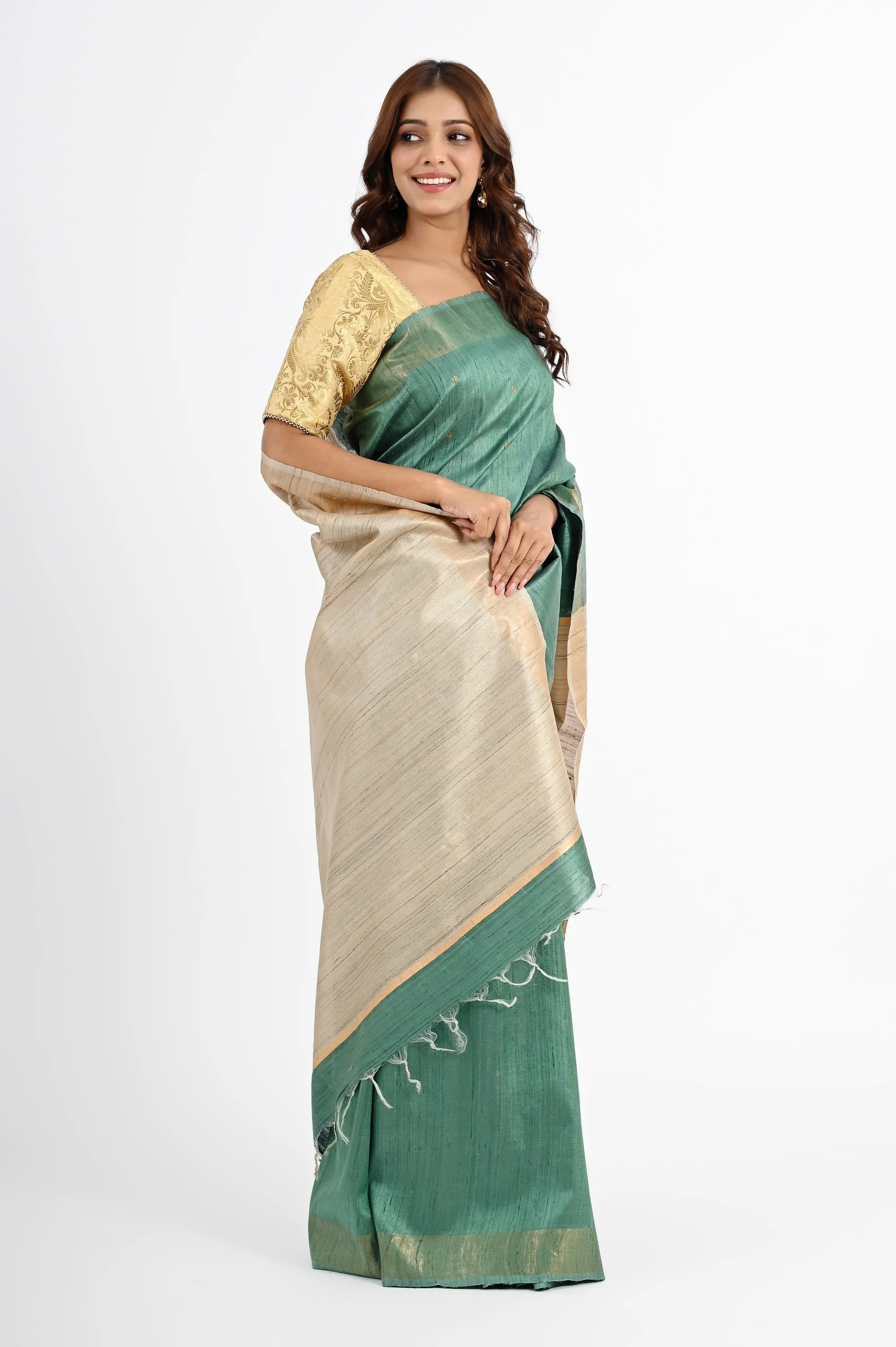 TEAL DUPION SILK SAREE WITH BEIGE PALLU - Hand - woven
