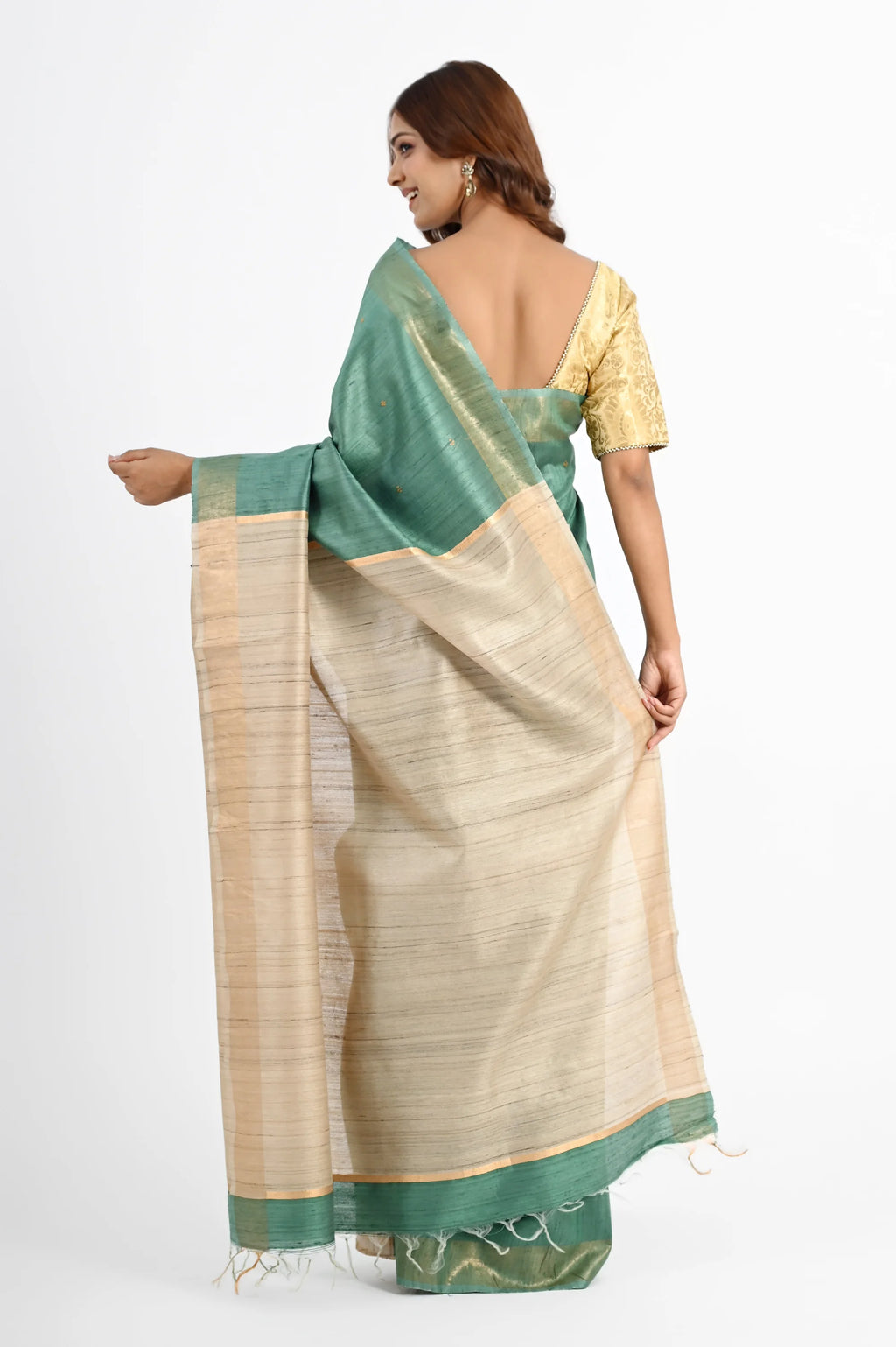 TEAL DUPION SILK SAREE WITH BEIGE PALLU - Hand - woven