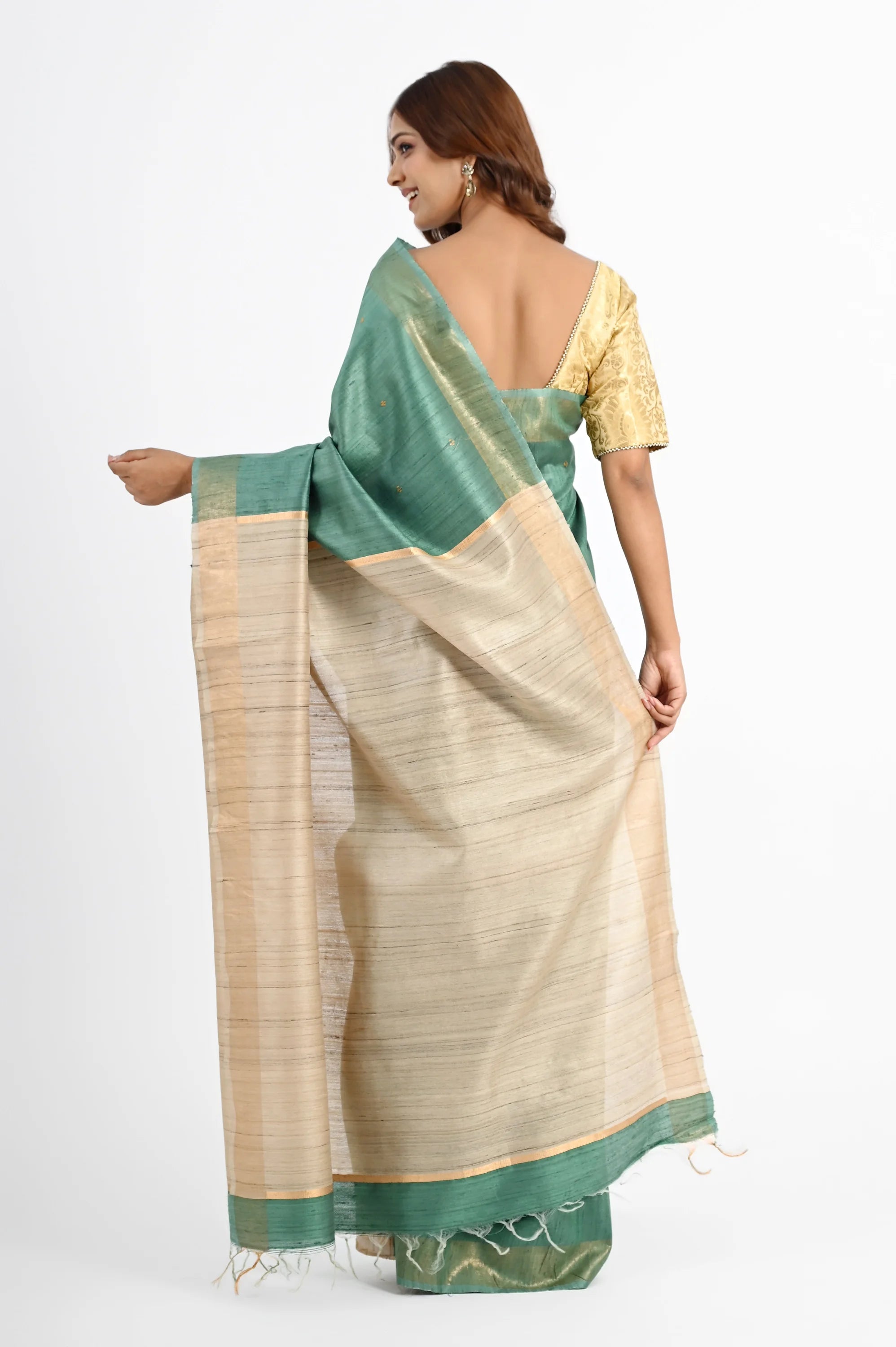 TEAL DUPION SILK SAREE WITH BEIGE PALLU - Hand - woven