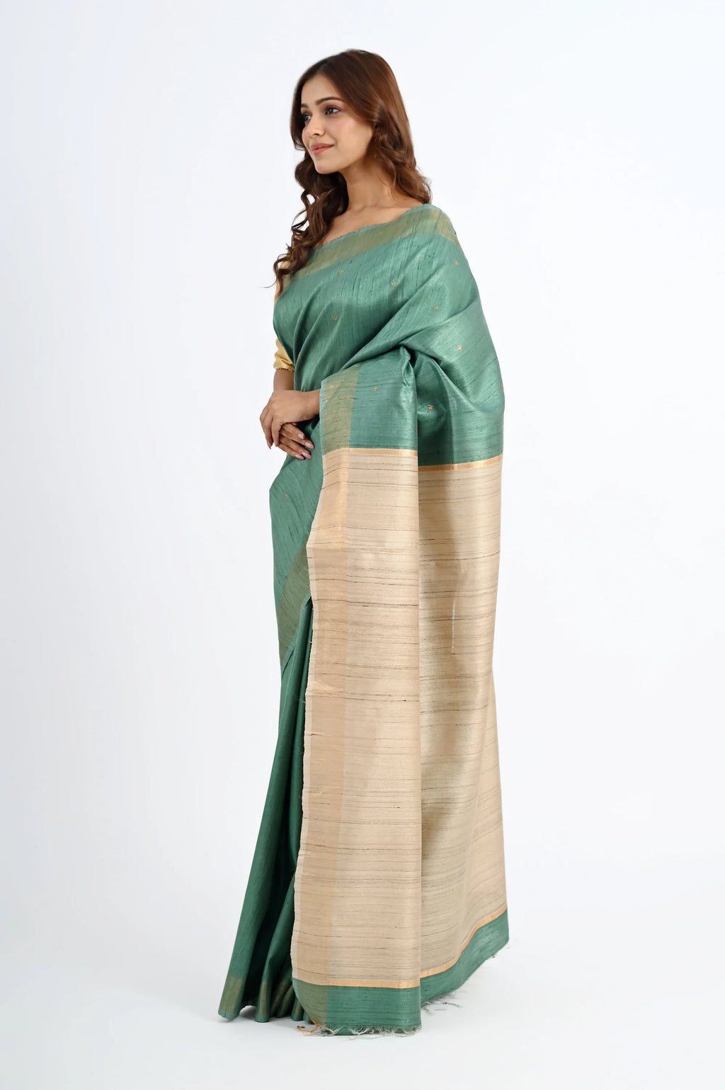 TEAL DUPION SILK SAREE WITH BEIGE PALLU - Hand - woven