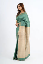 TEAL DUPION SILK SAREE WITH BEIGE PALLU - Hand - woven