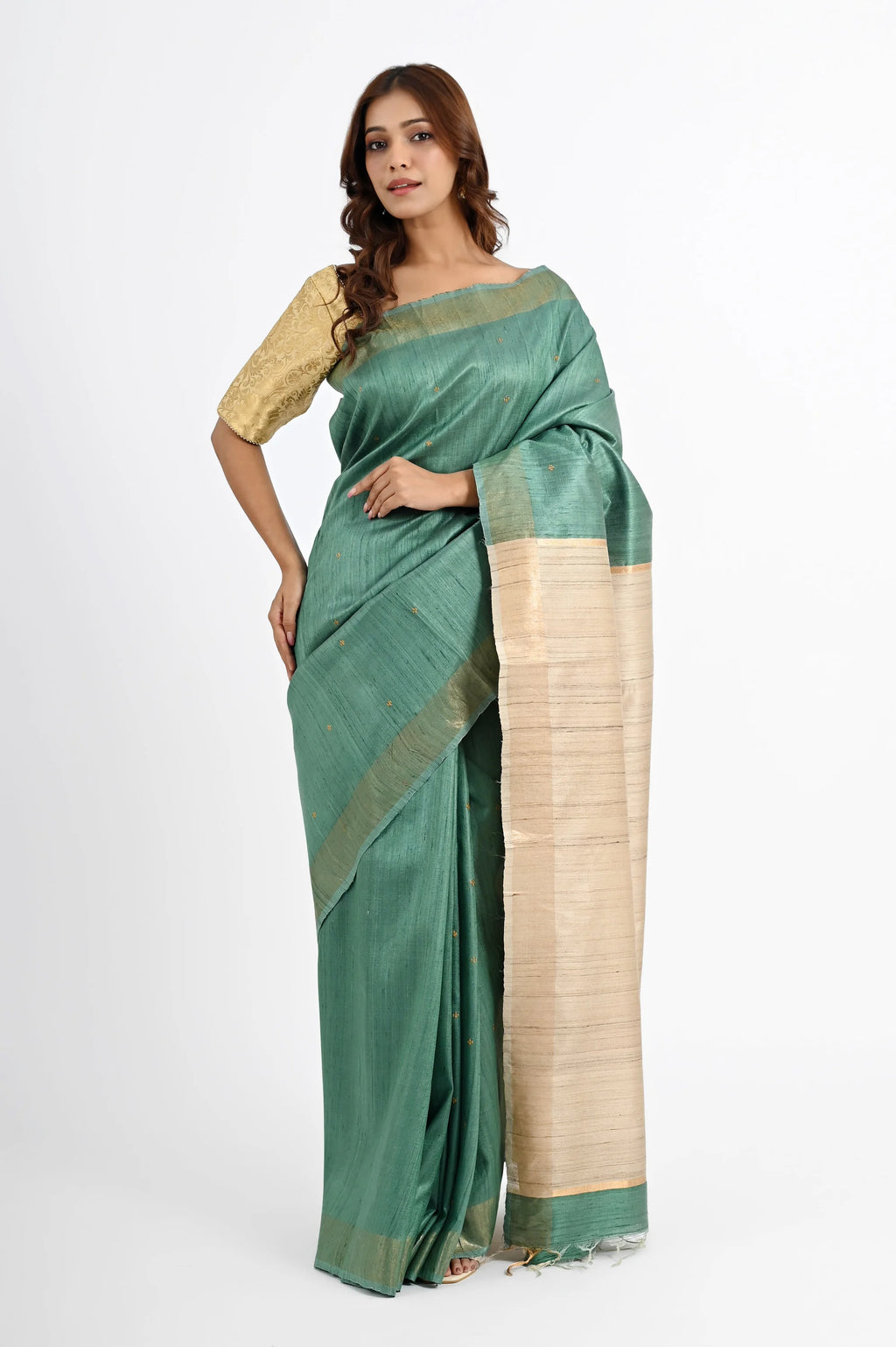 TEAL DUPION SILK SAREE WITH BEIGE PALLU - Hand - woven
