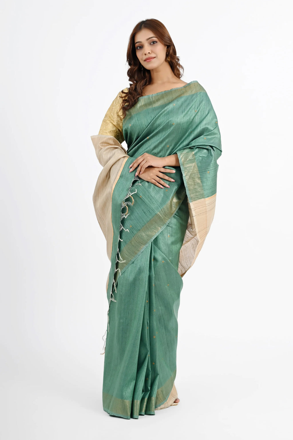 TEAL DUPION SILK SAREE WITH BEIGE PALLU - Hand - woven