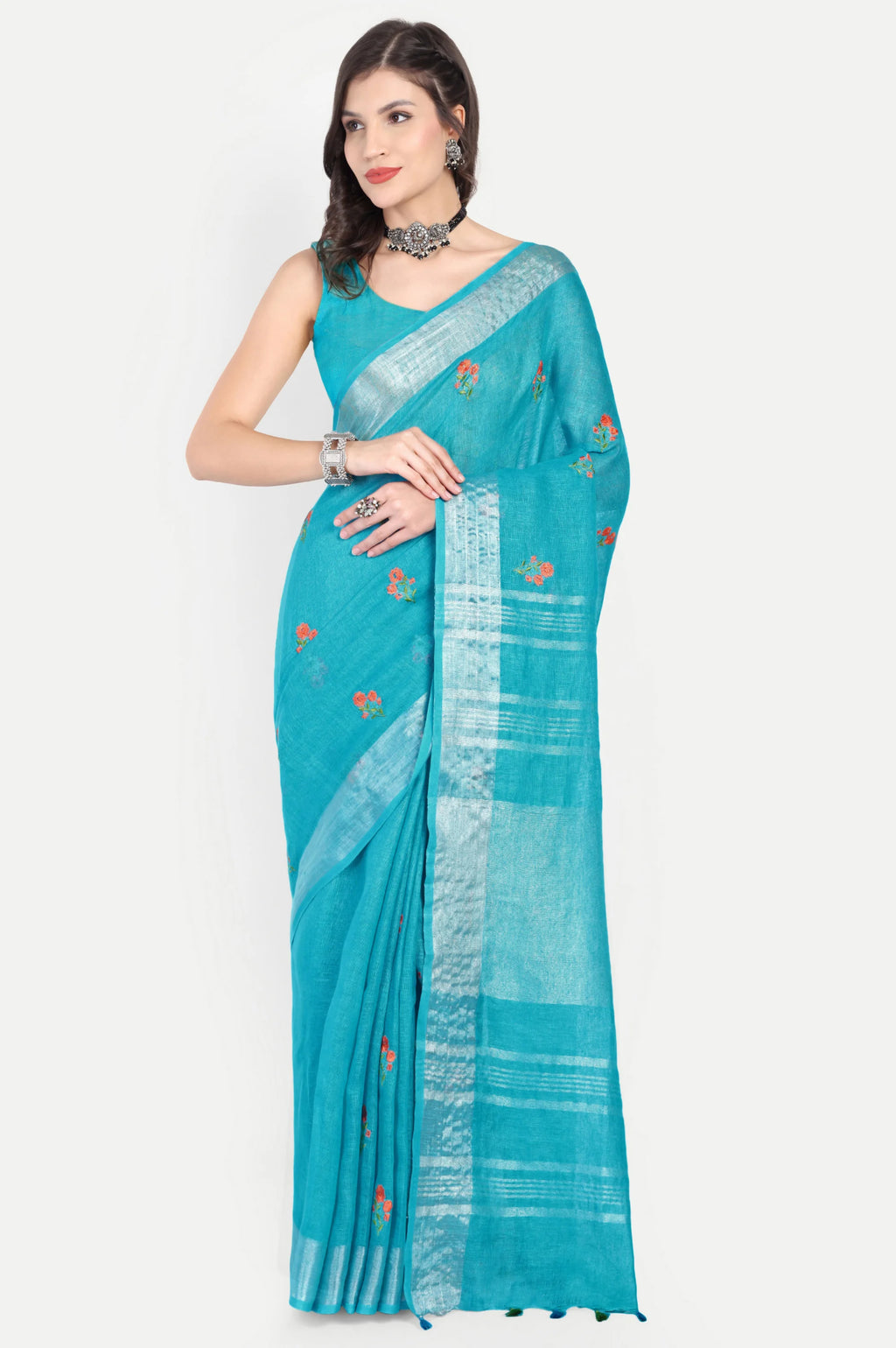 TURQUOISE BLUE LINEN SAREE - Linen
