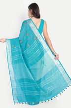 TURQUOISE BLUE LINEN SAREE - Linen