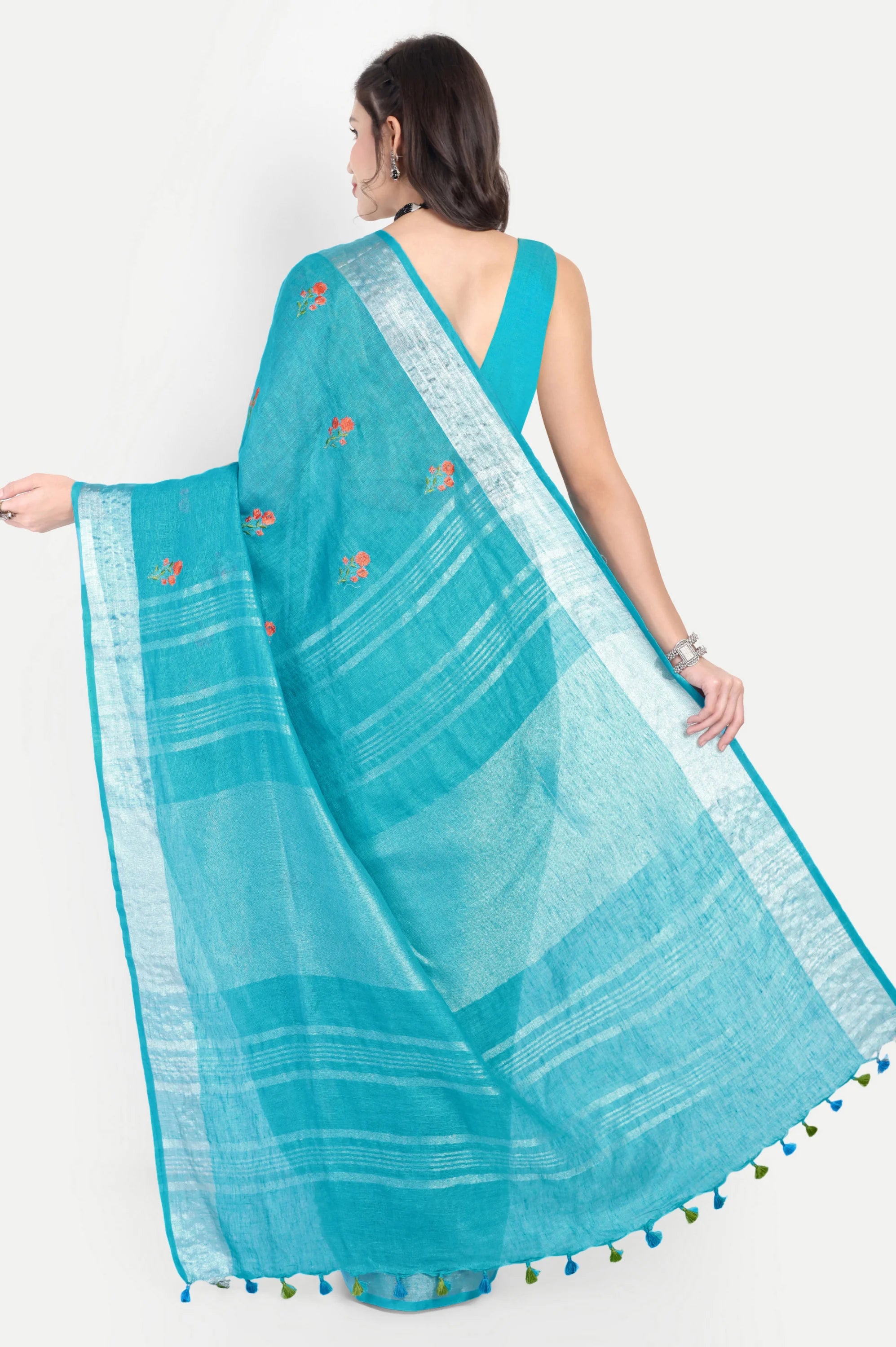 TURQUOISE BLUE LINEN SAREE - Linen