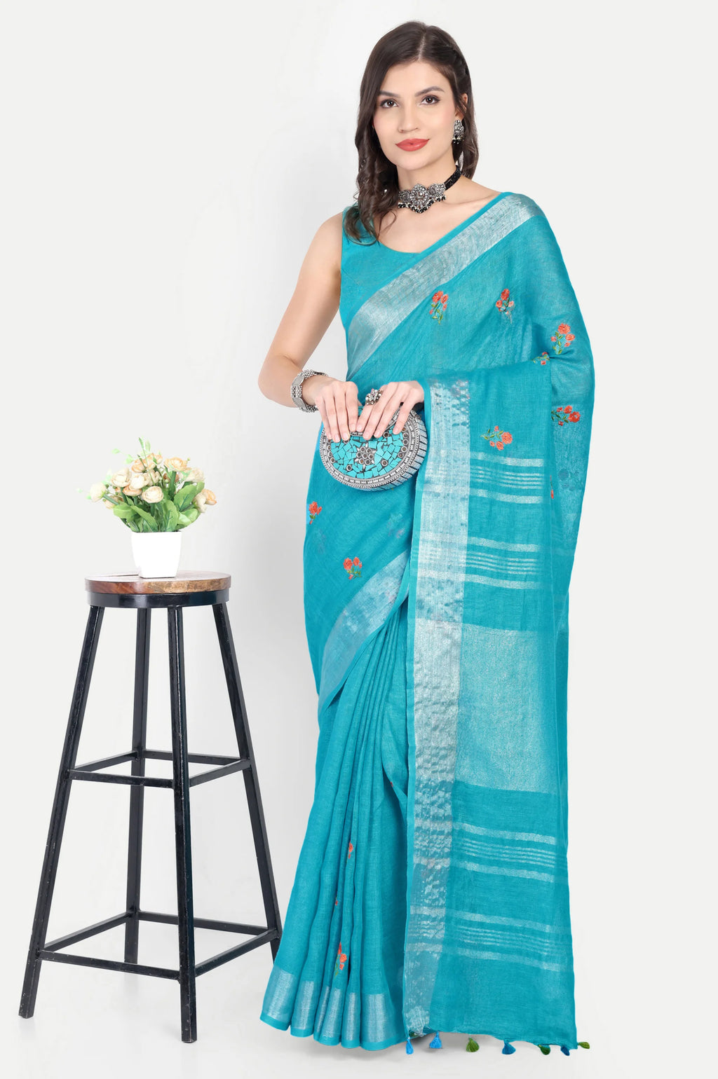TURQUOISE BLUE LINEN SAREE - Linen