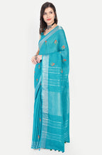 TURQUOISE BLUE LINEN SAREE - Linen