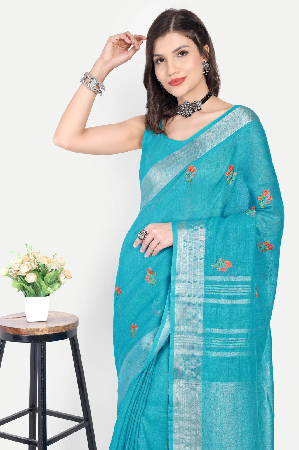 TURQUOISE BLUE LINEN SAREE - Linen