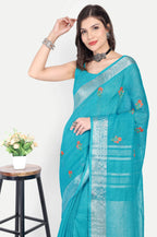 TURQUOISE BLUE LINEN SAREE - Linen
