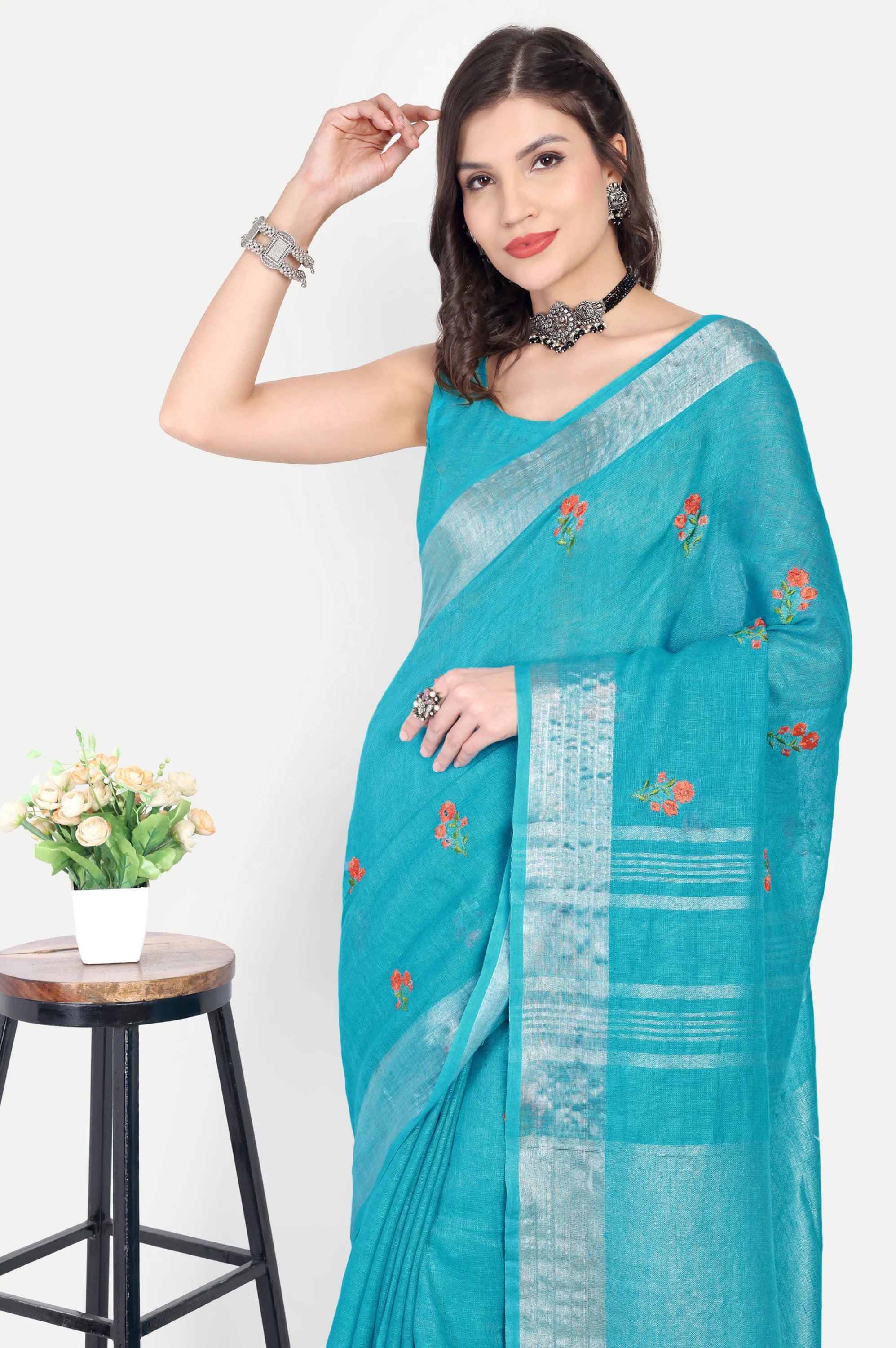 TURQUOISE BLUE LINEN SAREE - Linen