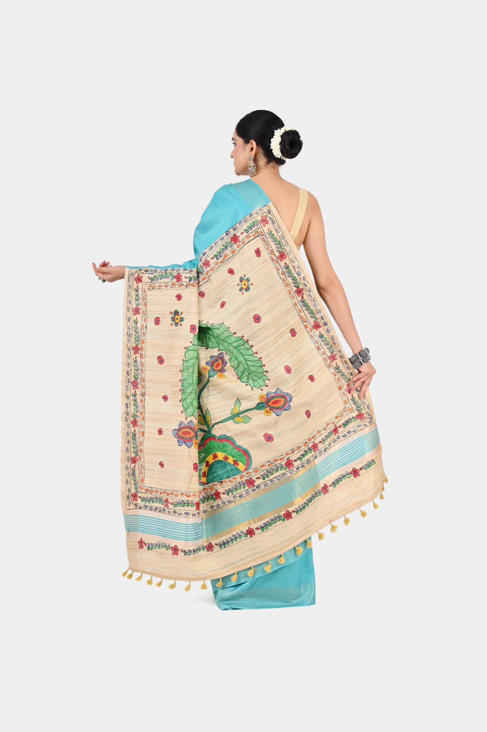 TURQUOISE ERI SILK SAREE - Hand - Painted