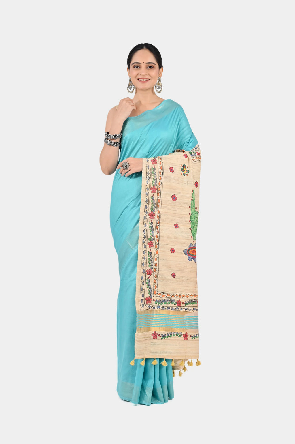 TURQUOISE ERI SILK SAREE - Hand - Painted