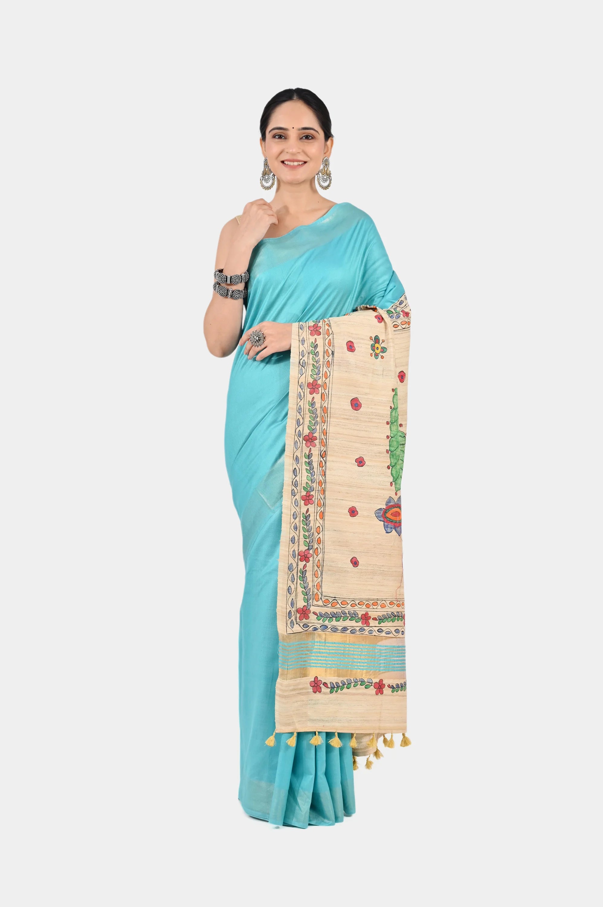 TURQUOISE ERI SILK SAREE - Hand - Painted