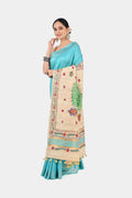 TURQUOISE ERI SILK SAREE - Hand - Painted