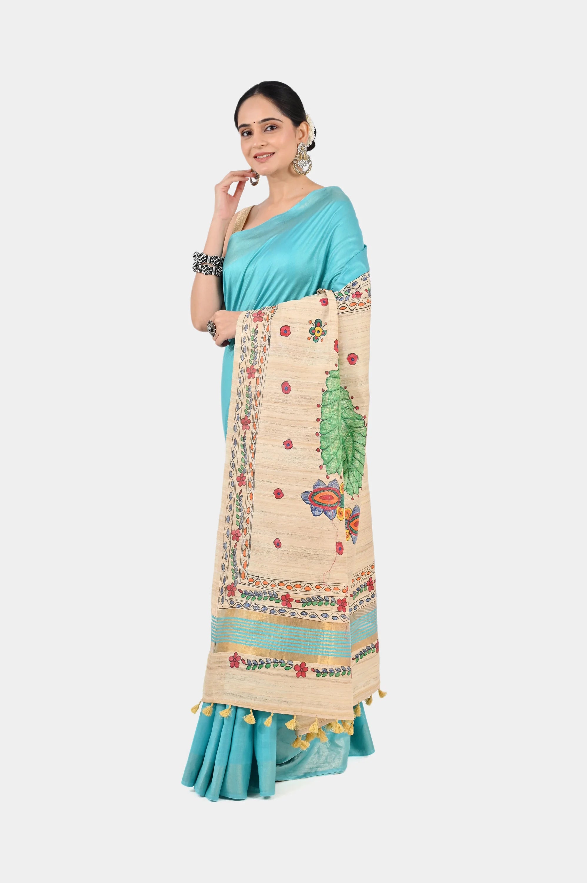 TURQUOISE ERI SILK SAREE - Hand - Painted