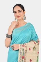 TURQUOISE ERI SILK SAREE - Hand - Painted