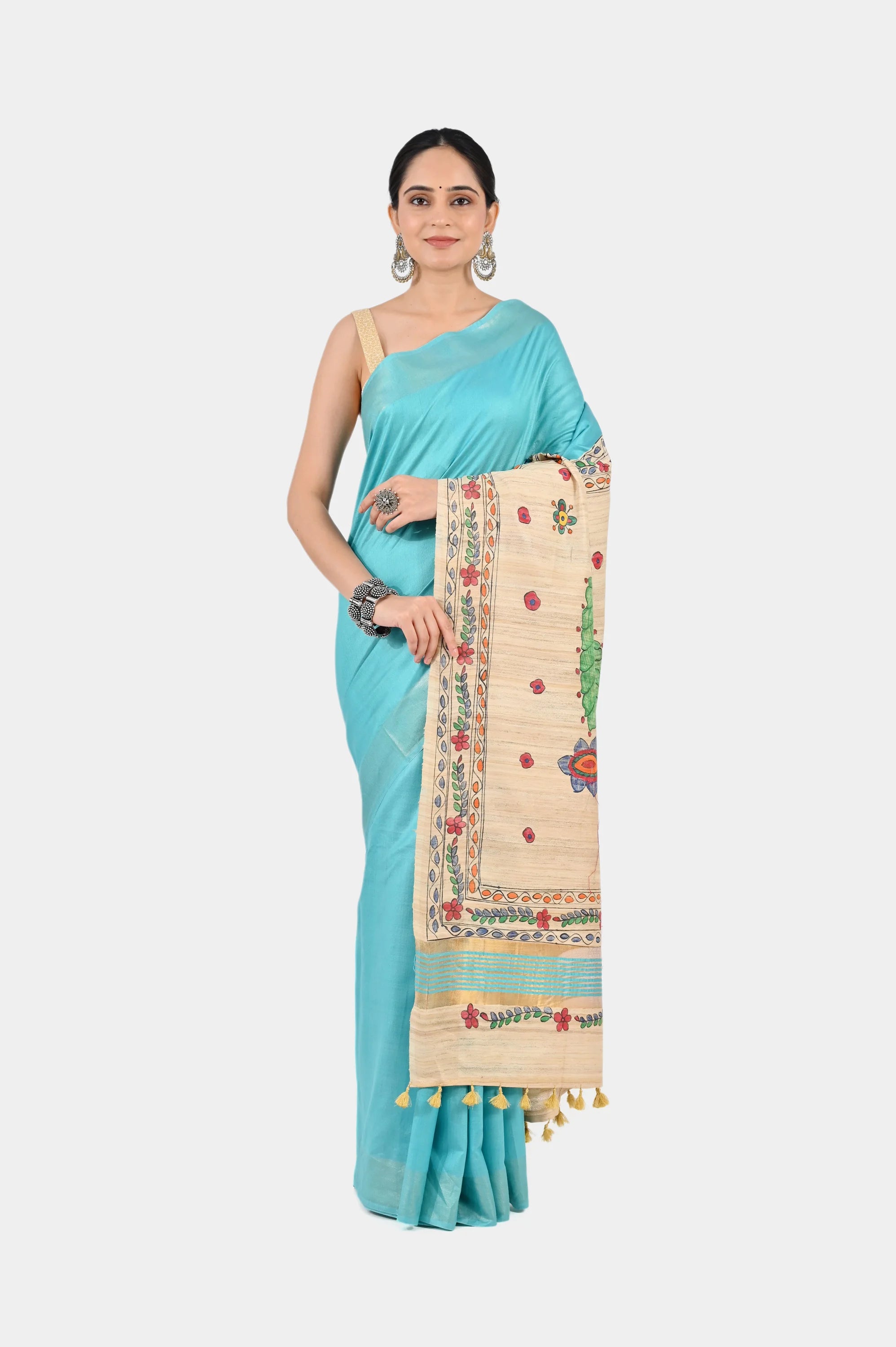 TURQUOISE ERI SILK SAREE - Hand - Painted