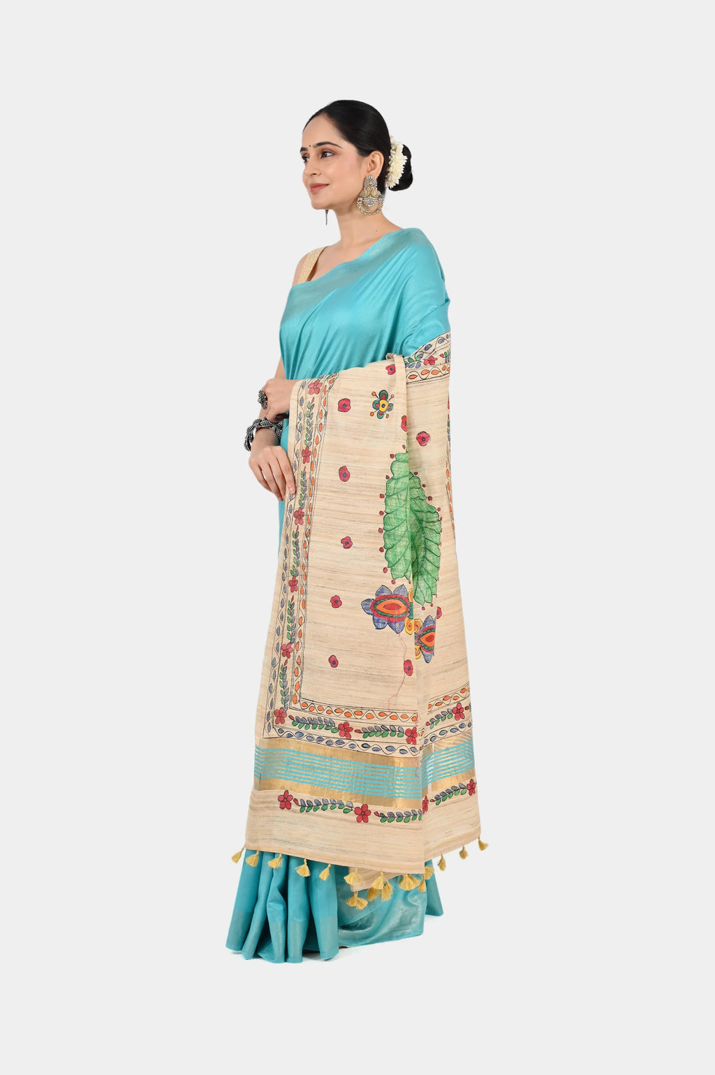 TURQUOISE ERI SILK SAREE - Hand - Painted