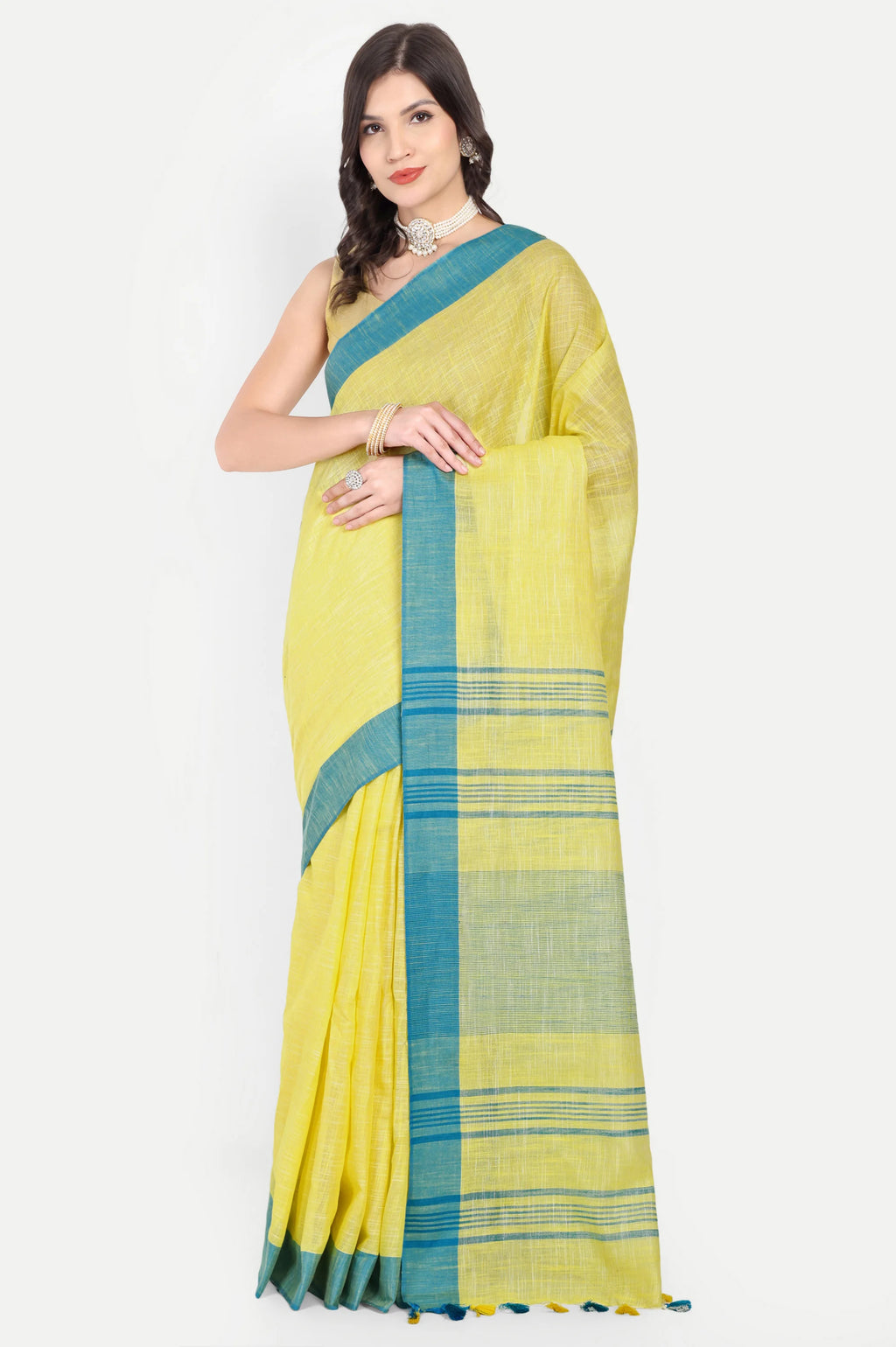 YELLOW BLUE COTTON SAREE - Cotton