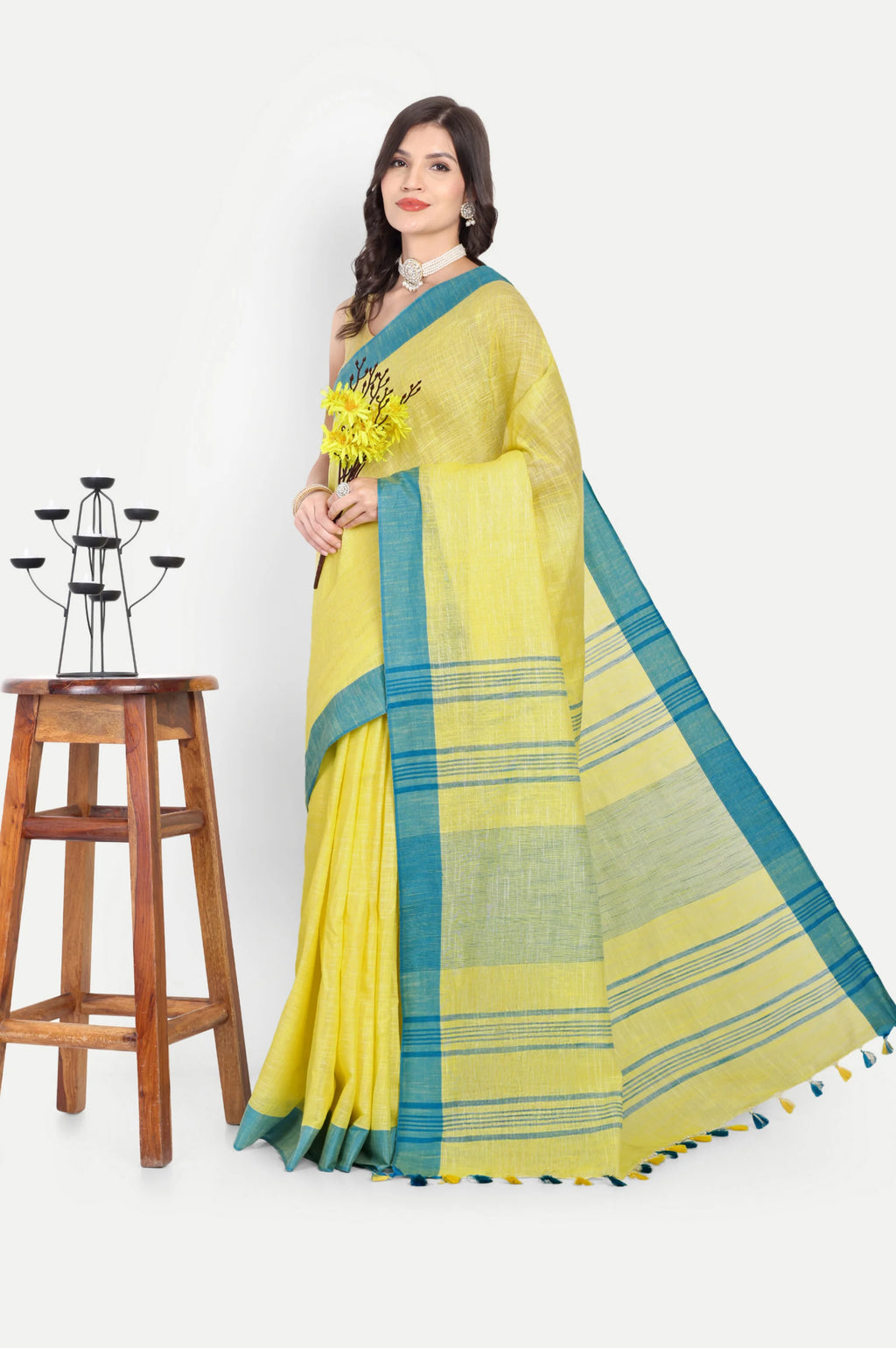 YELLOW BLUE COTTON SAREE - Cotton