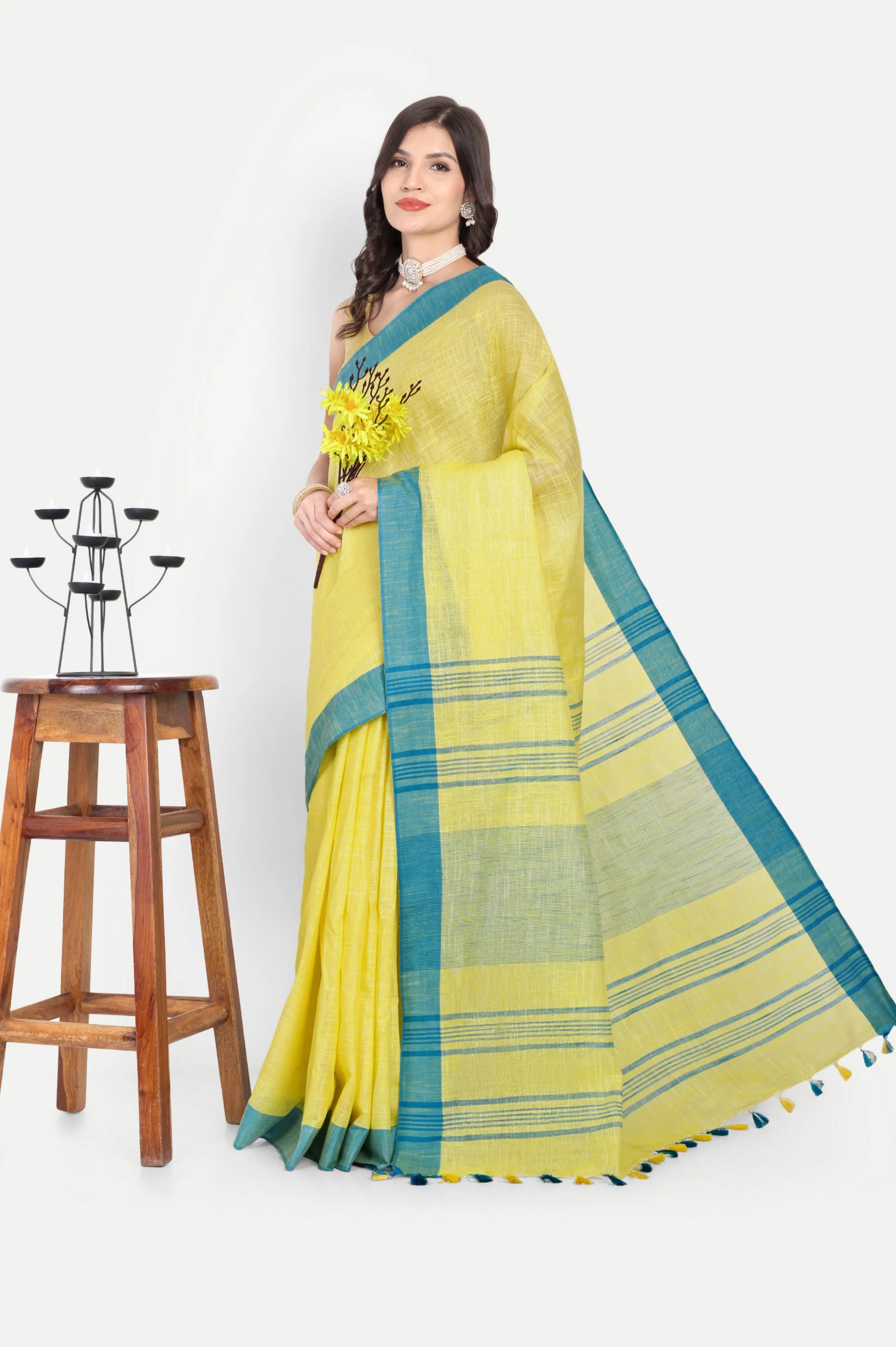 YELLOW BLUE COTTON SAREE - Cotton