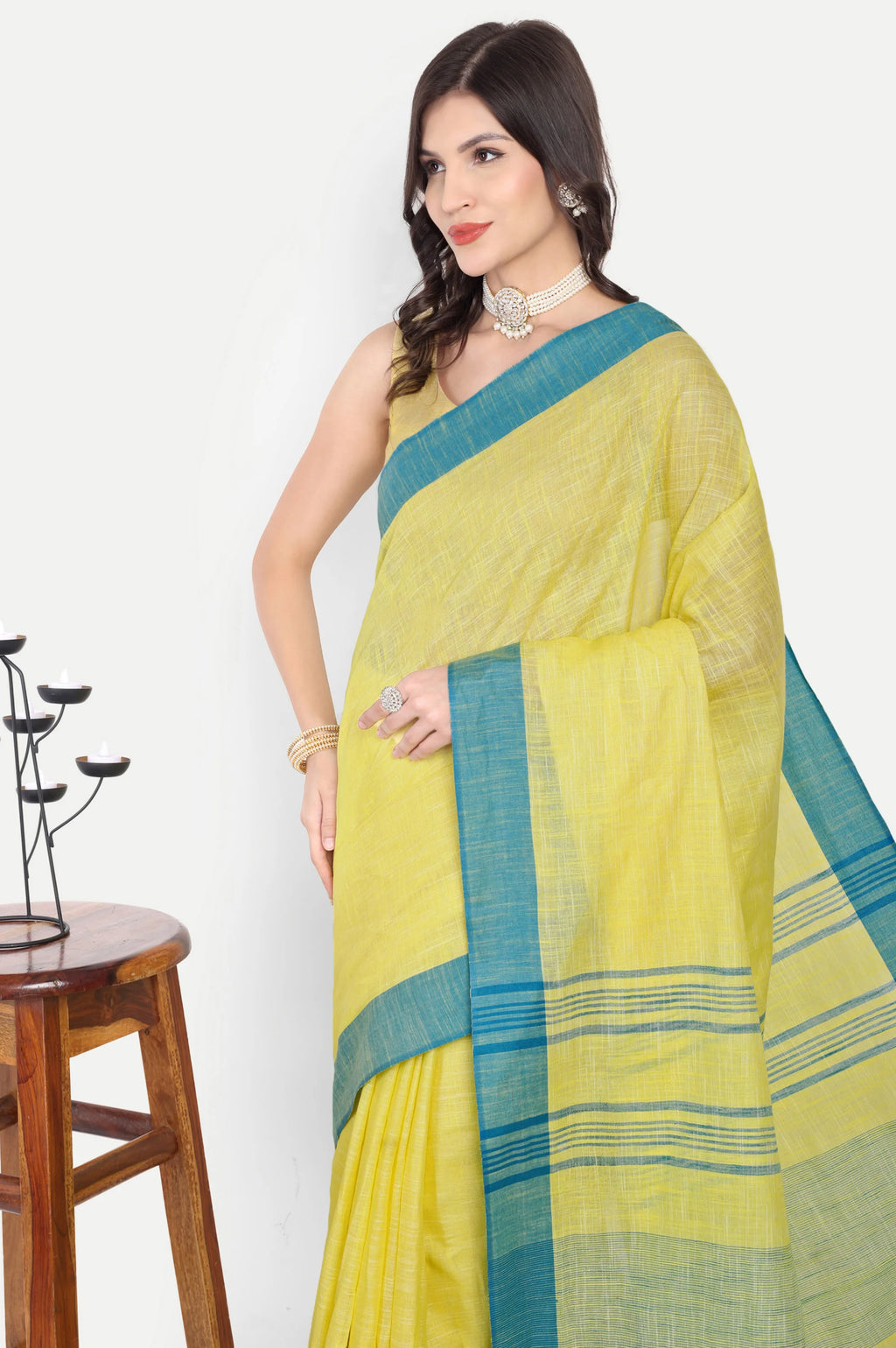 YELLOW BLUE COTTON SAREE - Cotton