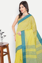 YELLOW BLUE COTTON SAREE - Cotton