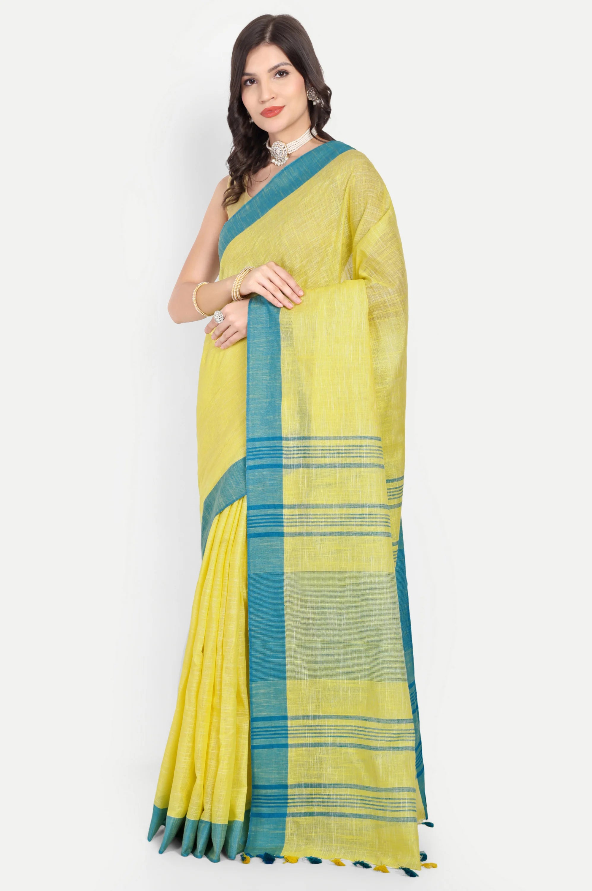 YELLOW BLUE COTTON SAREE - Cotton