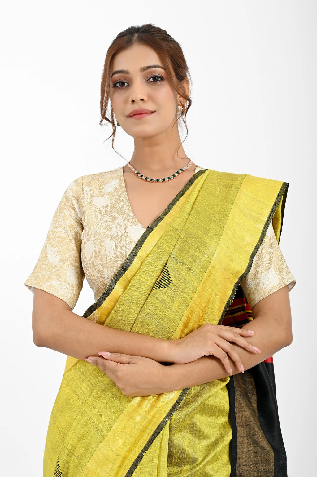 YELLOW DUPION SILK SAREE WITH BLACK PALLU - Hand - woven