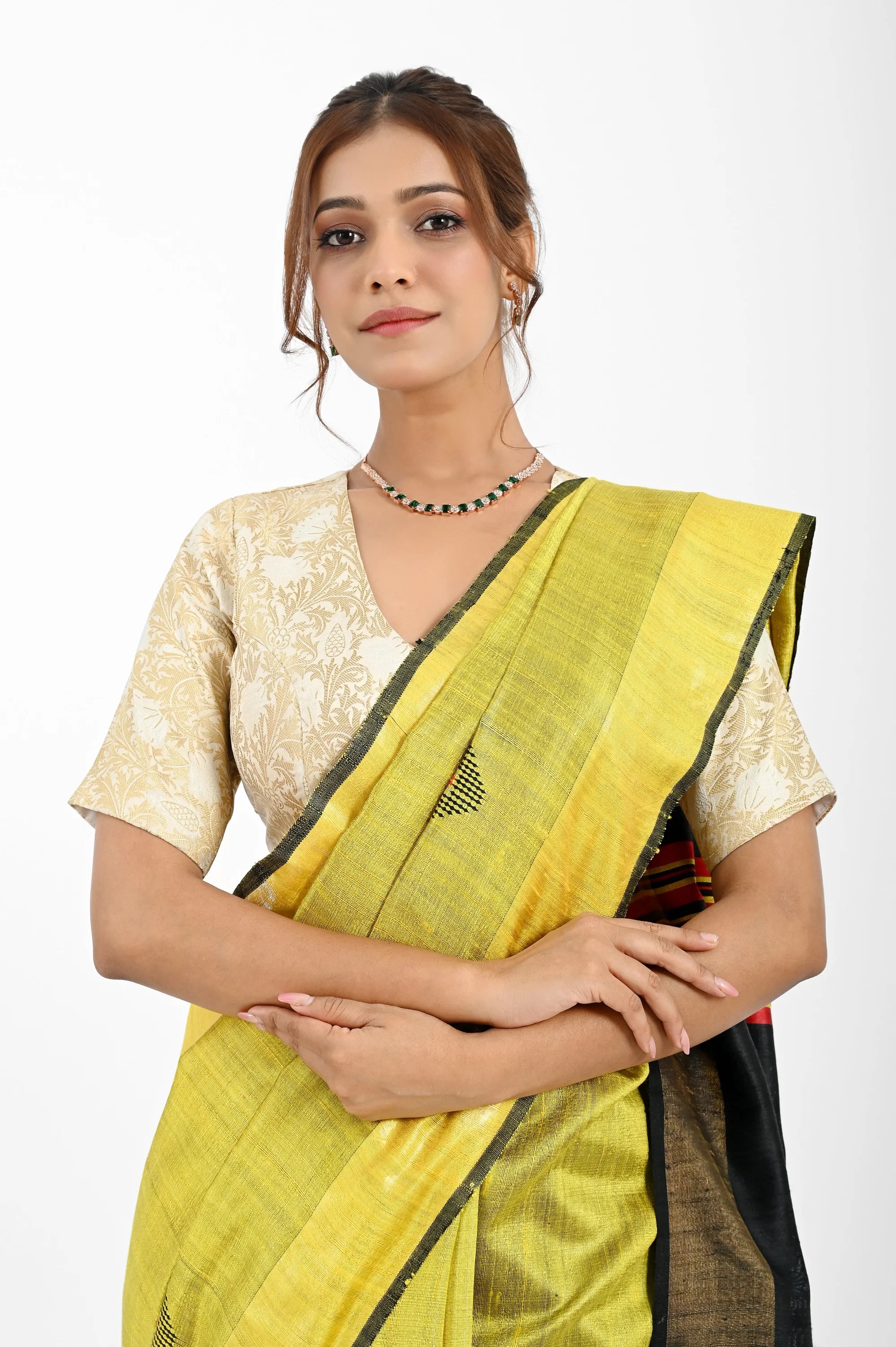 YELLOW DUPION SILK SAREE WITH BLACK PALLU - Hand - woven