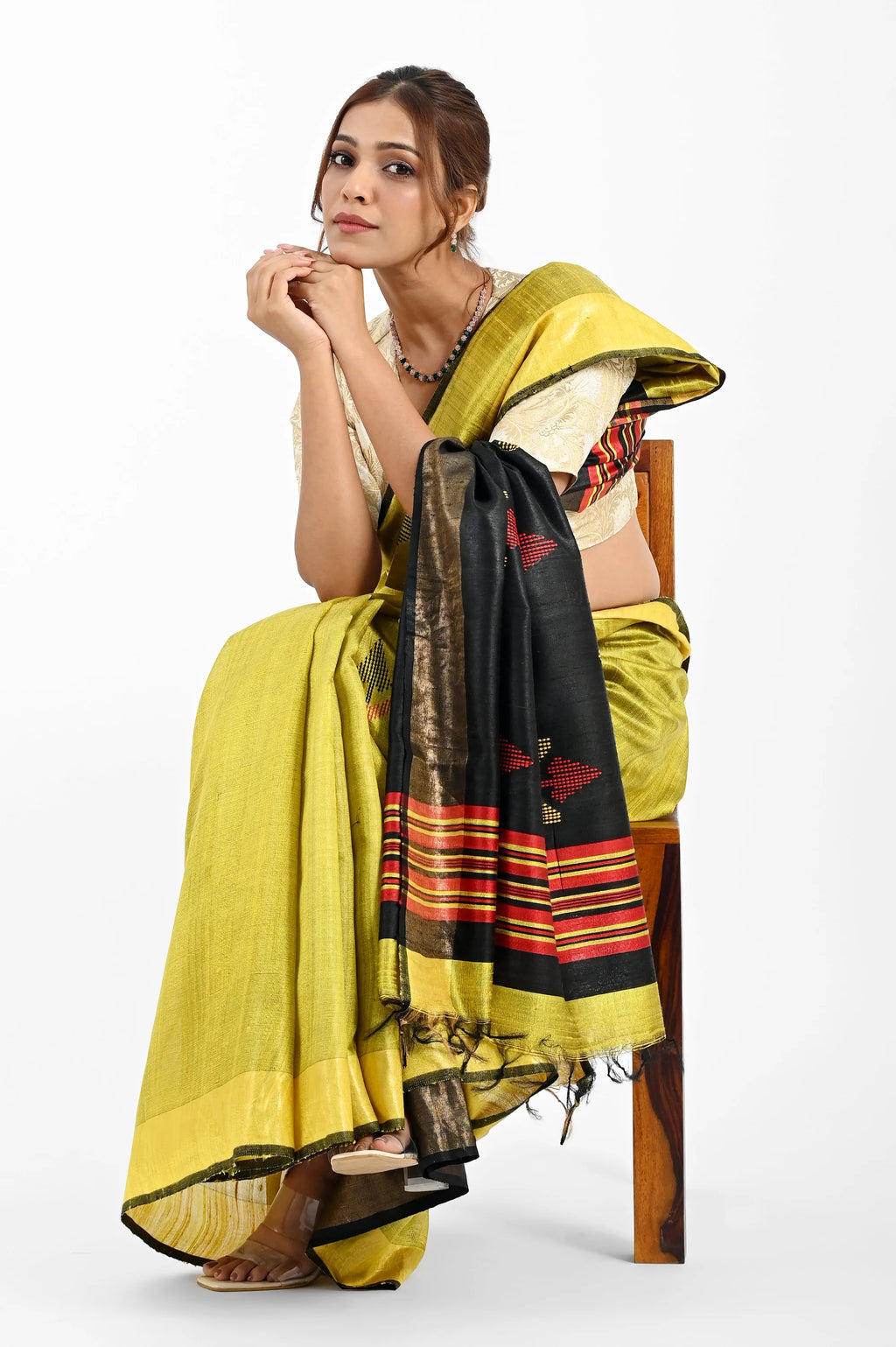 YELLOW DUPION SILK SAREE WITH BLACK PALLU - Hand - woven