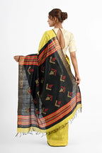 YELLOW DUPION SILK SAREE WITH BLACK PALLU - Hand - woven