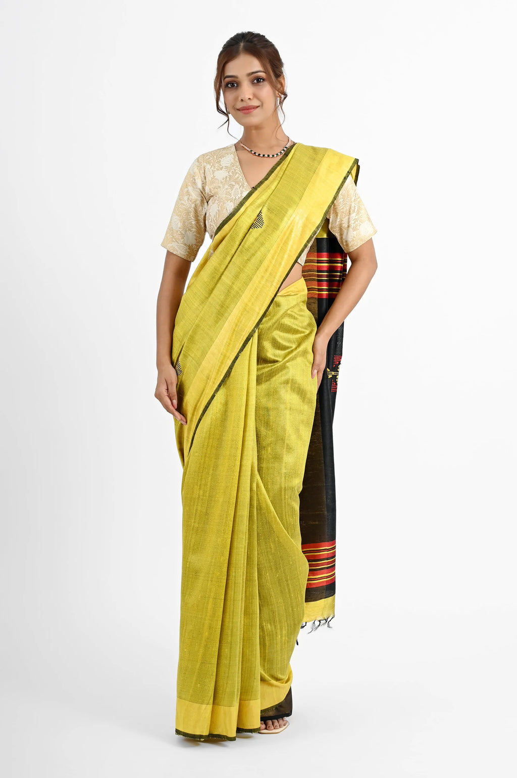 YELLOW DUPION SILK SAREE WITH BLACK PALLU - Hand - woven