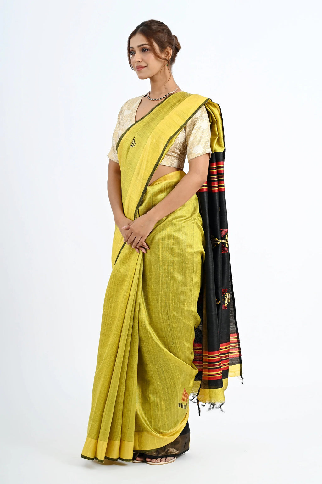 YELLOW DUPION SILK SAREE WITH BLACK PALLU - Hand - woven