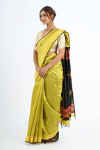YELLOW DUPION SILK SAREE WITH BLACK PALLU - Hand - woven