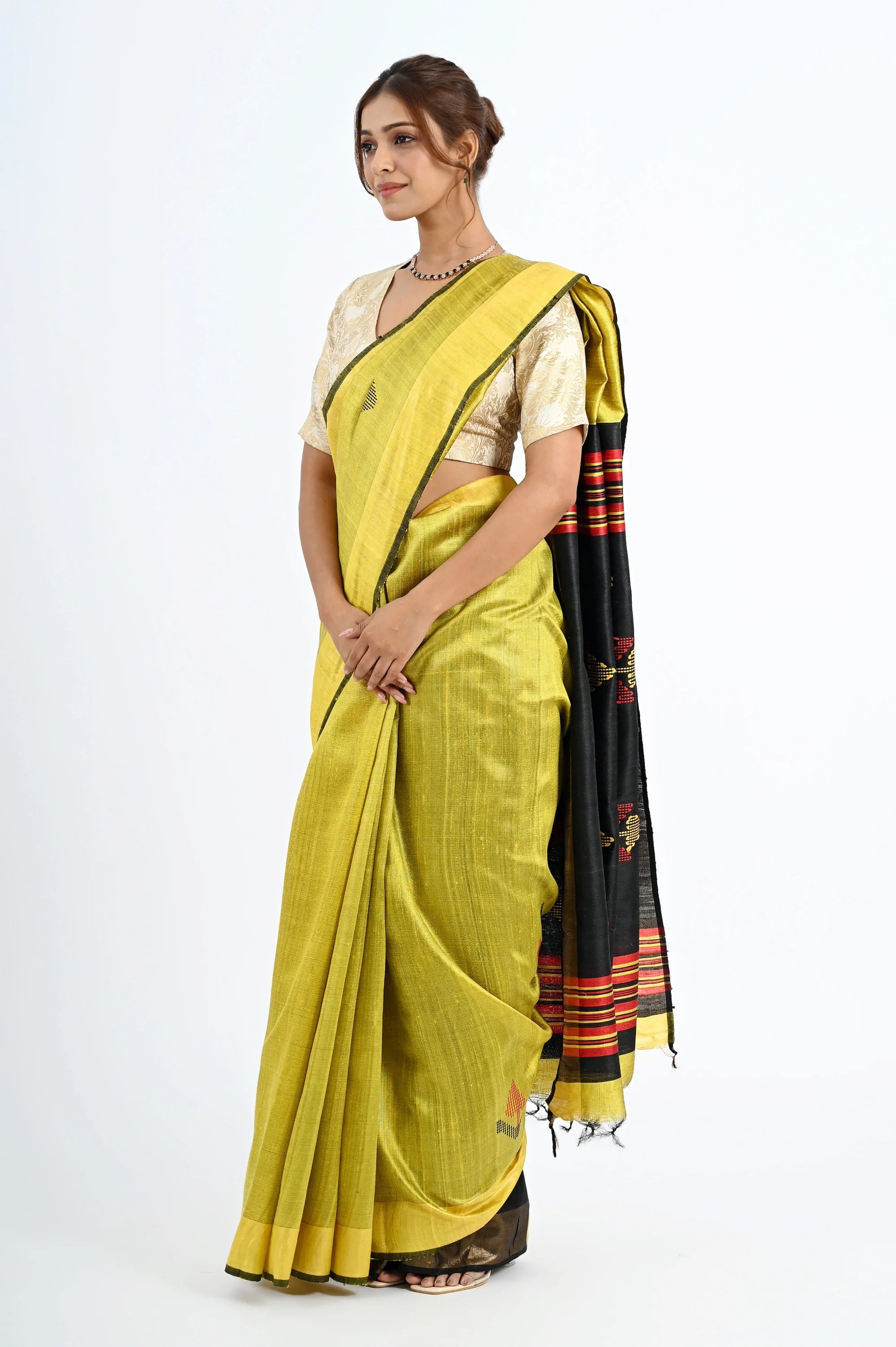YELLOW DUPION SILK SAREE WITH BLACK PALLU - Hand - woven
