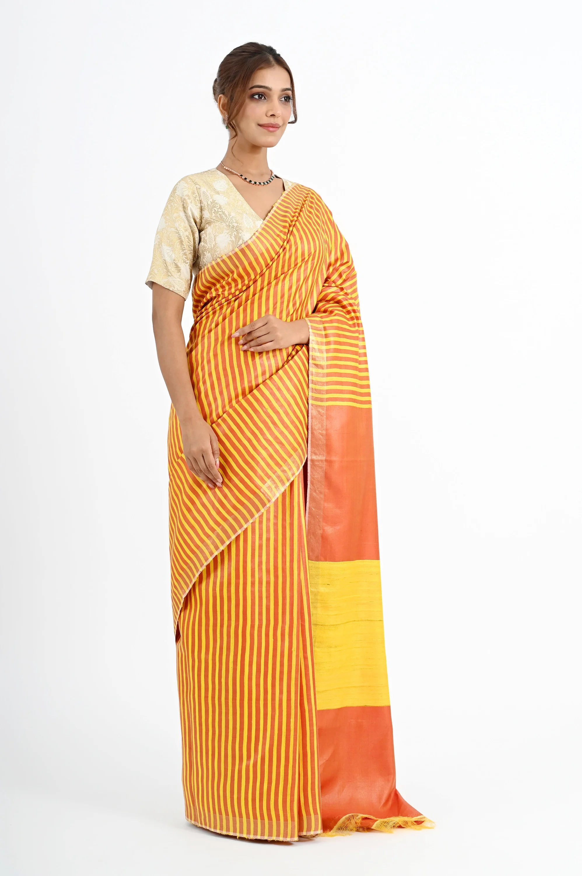 YELLOW ERI SILK SAREE WITH STRIPED PALLU - Hand - woven