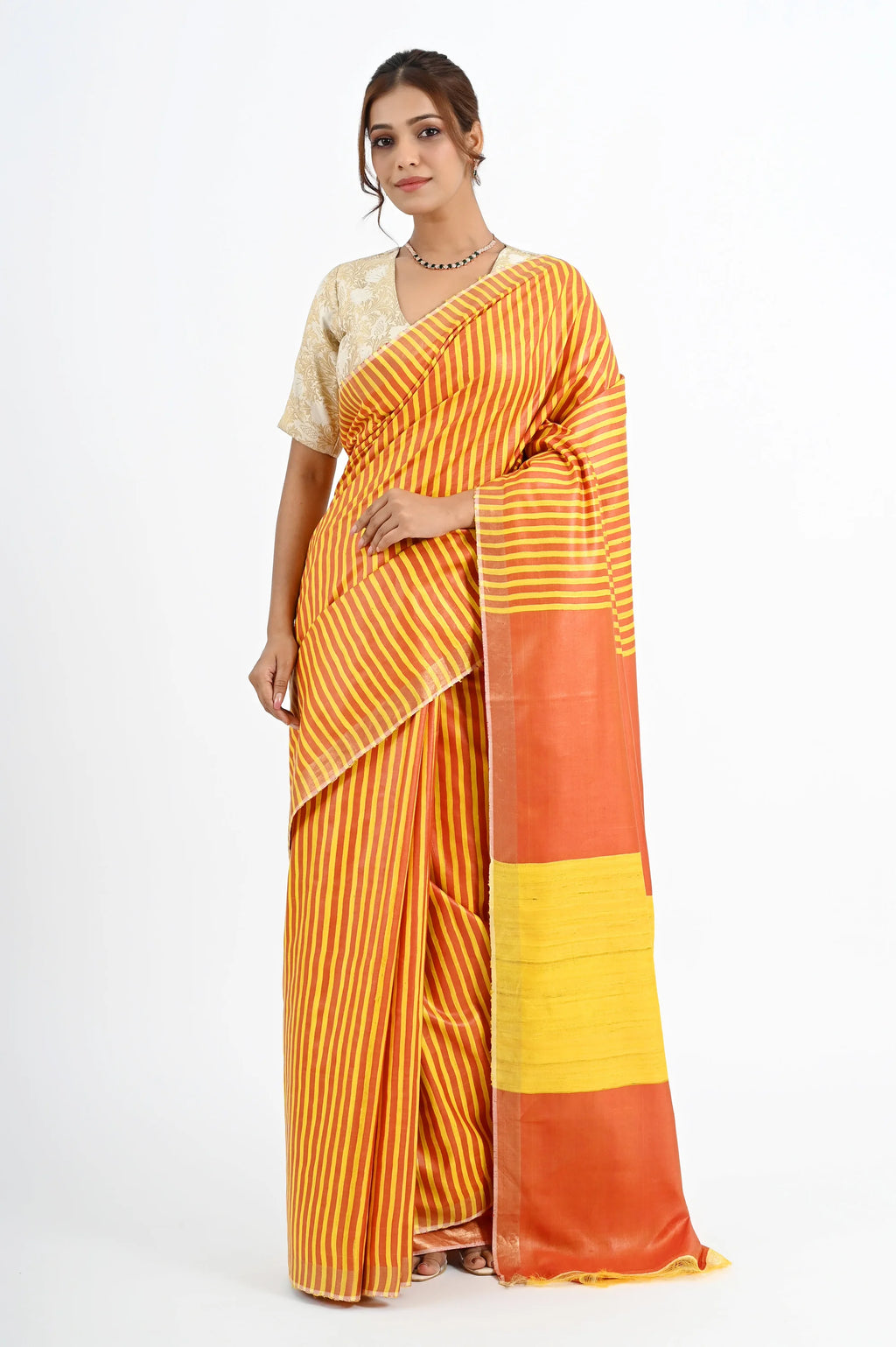 YELLOW ERI SILK SAREE WITH STRIPED PALLU - Hand - woven