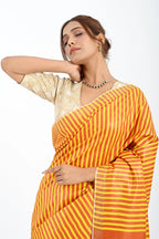 YELLOW ERI SILK SAREE WITH STRIPED PALLU - Hand - woven