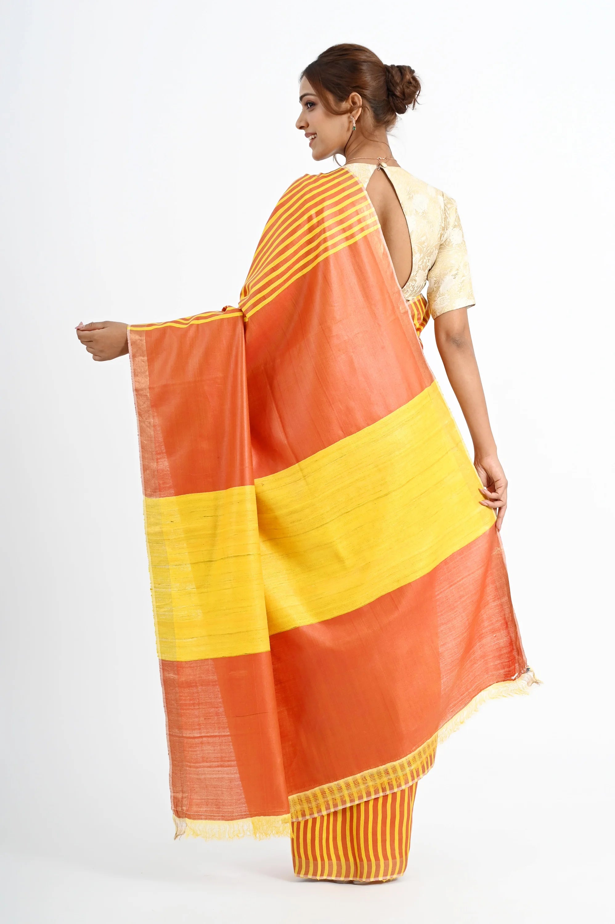 YELLOW ERI SILK SAREE WITH STRIPED PALLU - Hand - woven